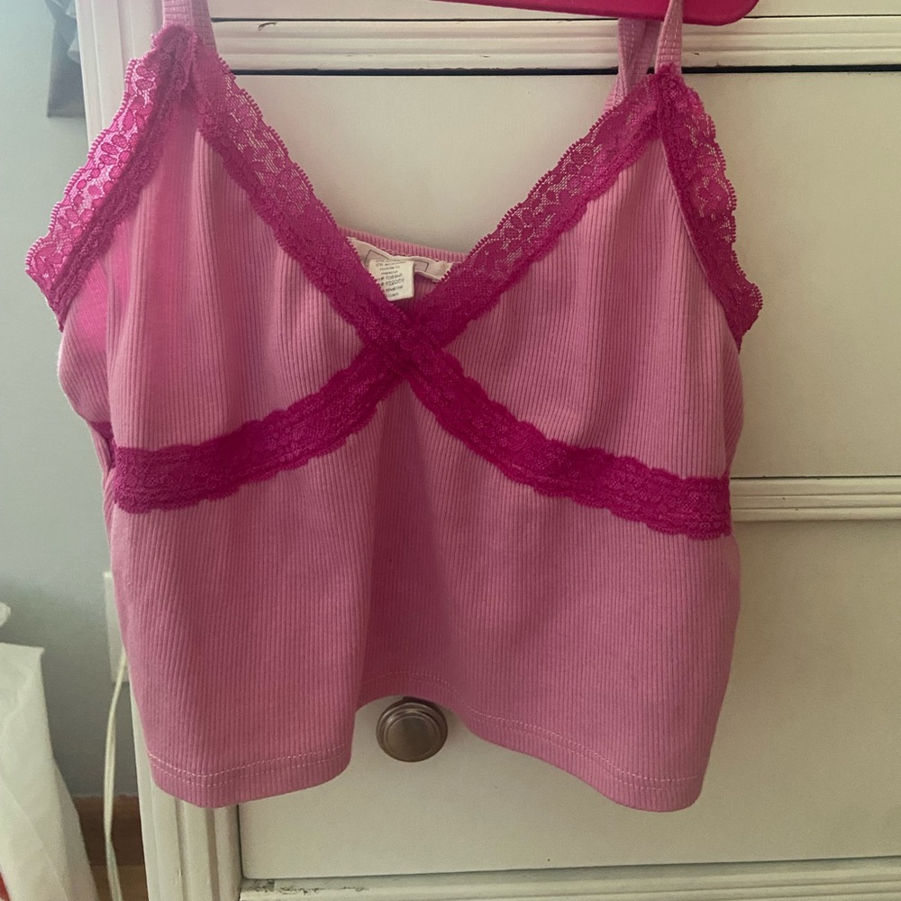 Pink lace cropped tank top